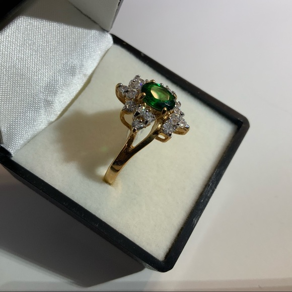 SYN EMERALD CLUSTER CZ GOLD PL RING SZ 10 14KT - Picture 6 of 16
